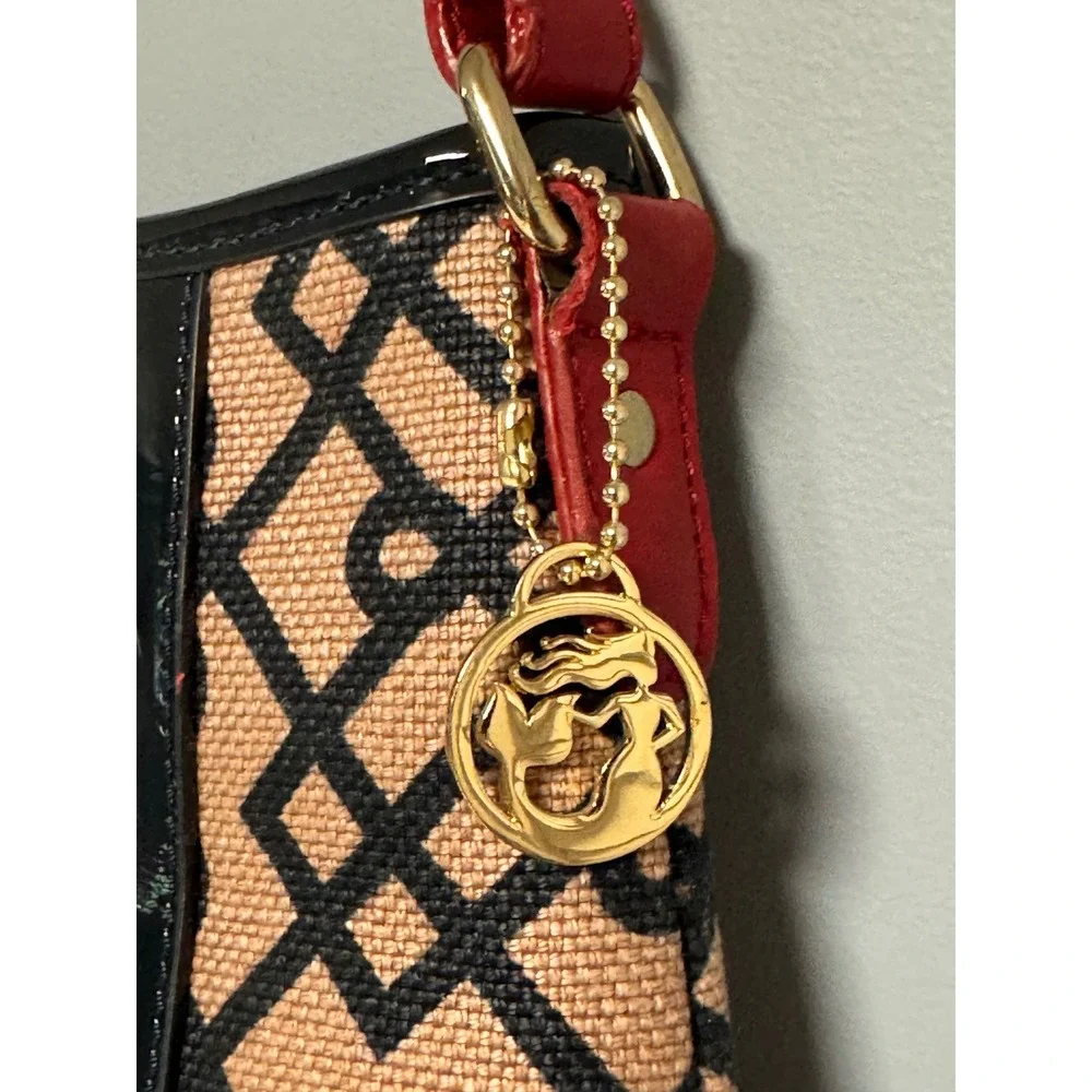Spartina 449 Woven Linen Shoulder Bag Red Leather Black Patent Geometric Lattice